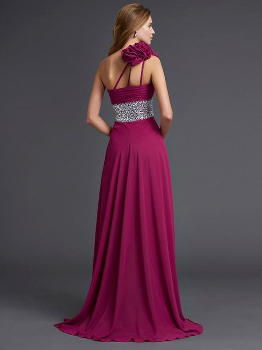 Sleeveless One-Shoulder Beading A-Line/Princess Long Chiffon Dresses