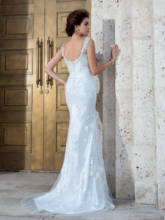 Trumpet/Mermaid Applique V-neck Sleeveless Long Net Wedding Dresses