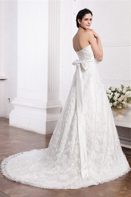 Sweetheart Sash Sleeveless A-Line/Princess Long Lace Wedding Dresses