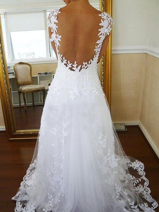 Sweep/Brush Train A-Line/Princess V-neck Lace Sleeveless Tulle Wedding Dresses