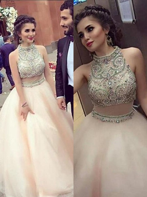 Sleeveless High Floor-Length A-Line/Princess Neck Crystal Tulle Dresses