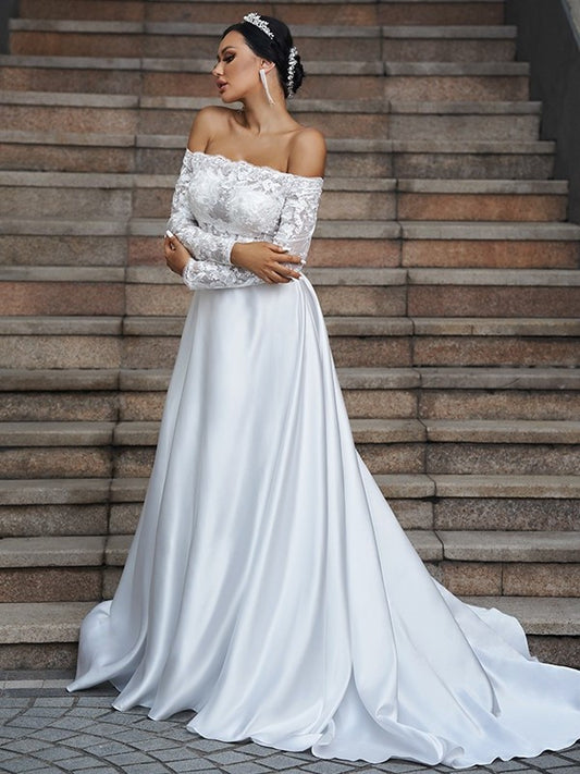 Satin Sleeves Lace Off-the-Shoulder A-Line/Princess Long Sweep/Brush Train Wedding Dresses