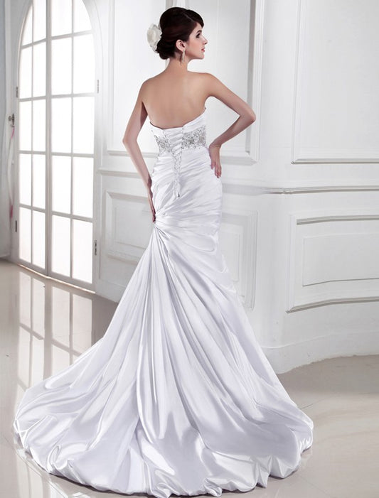 Elastic Beading Sweetheart Woven Sleeveless Trumpet/Mermaid Satin Wedding Dresses