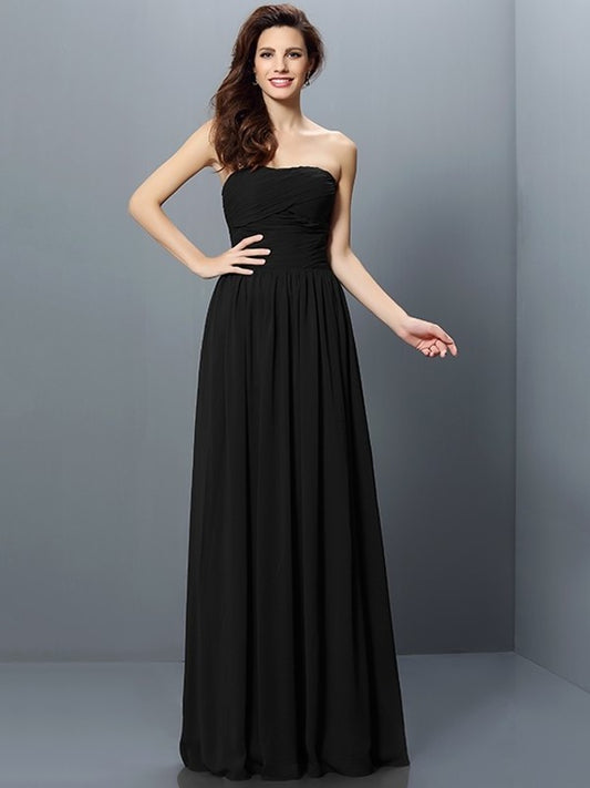 Pleats Sleeveless Strapless Long A-Line/Princess Chiffon Bridesmaid Dresses