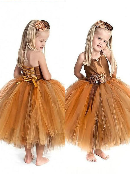 Tulle Gown Flower Sleeveless Tea-Length Hand-Made Ball Straps Flower Girl Dresses