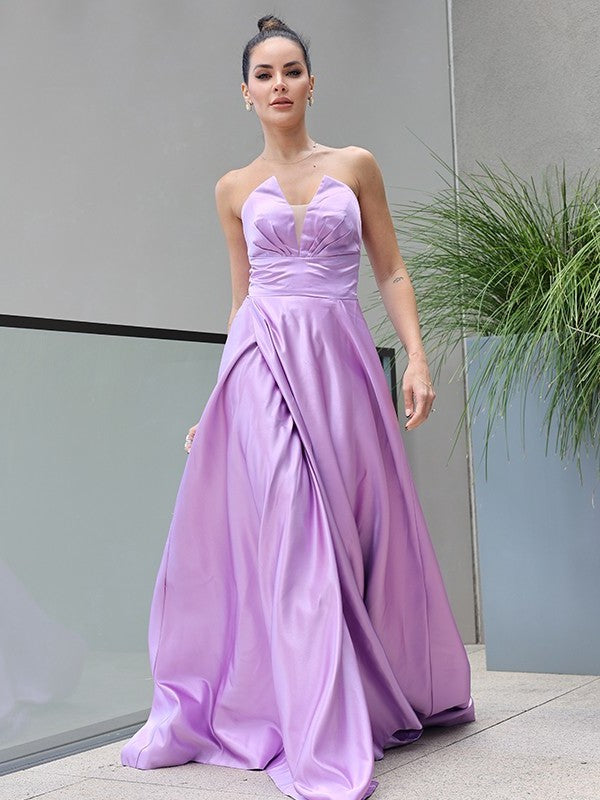 Satin Sleeveless Ruffles Sweetheart A-Line/Princess Sweep/Brush Train Dresses