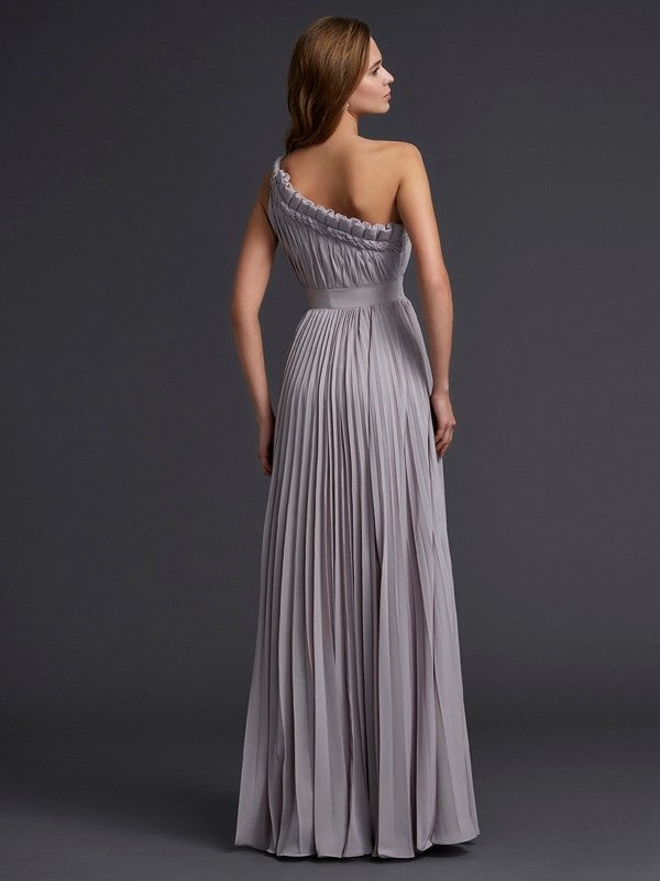 Pleats Sleeveless One-Shoulder A-Line/Princess Long Chiffon Dresses