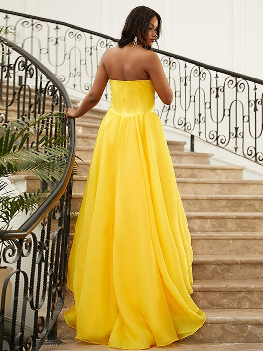 A-Line/Princess Strapless Satin Ruffles Sleeveless Sweep/Brush Train Dresses