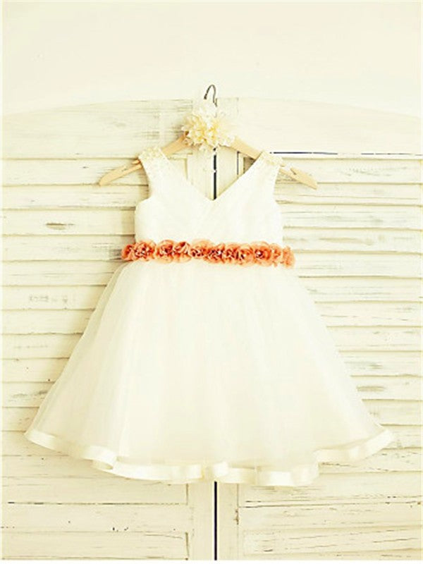 Tea-Length Tulle Sleeveless A-line/Princess Flower V-neck Hand-made Flower Girl Dresses