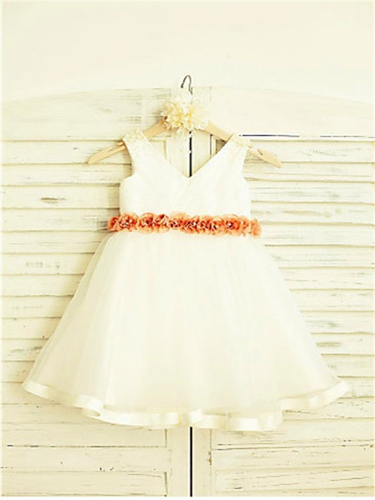 Tea-Length Tulle Sleeveless A-line/Princess Flower V-neck Hand-made Flower Girl Dresses