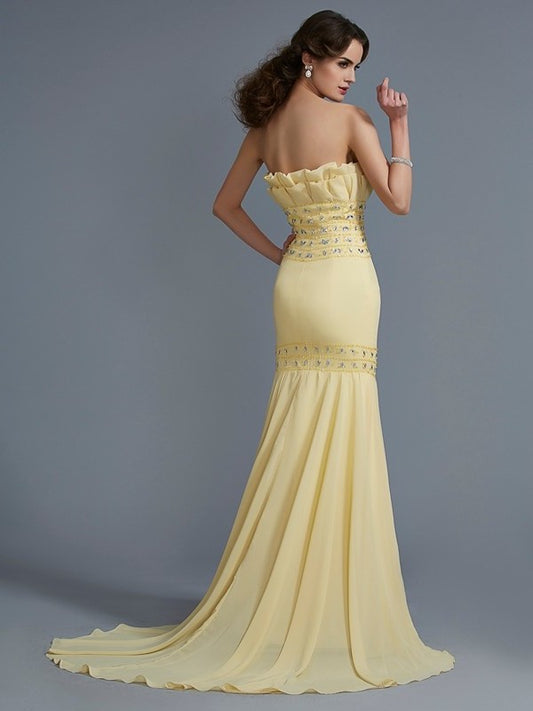 Strapless Beading Sleeveless Trumpet/Mermaid Long Chiffon Dresses