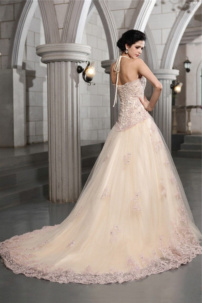 Neck Sleeveless High Long Beading A-Line/Princess Applique Net Wedding Dresses