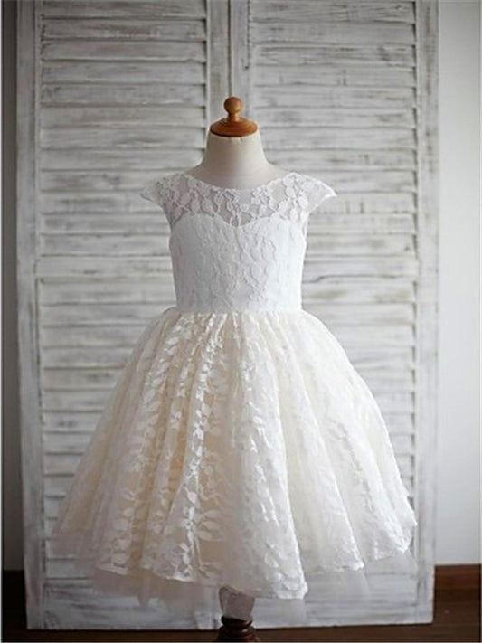 Scoop Short Tea-Length A-line/Princess Lace Sleeves Flower Girl Dresses