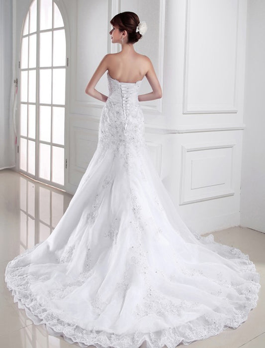 Sweetheart Sleeveless Applique Trumpet/Mermaid Beading Organza Wedding Dresses