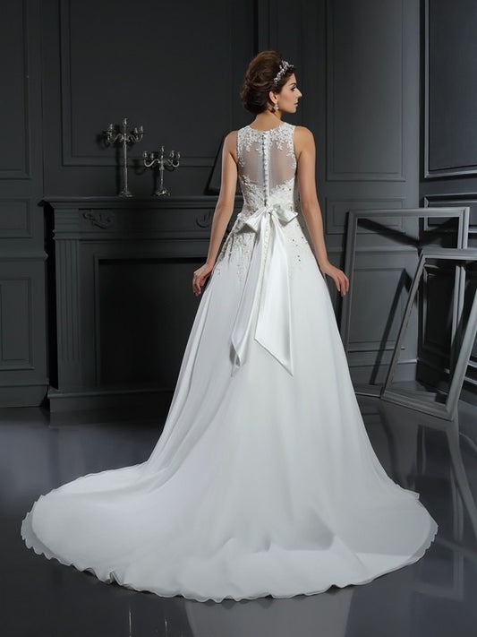 A-Line/Princess Sleeveless Neck Long Beading High Satin Wedding Dresses