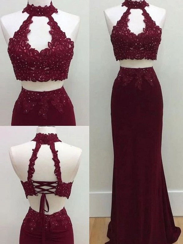 Sleeveless Sheath/Column Halter Applique Floor-Length Spandex Two Piece Dresses