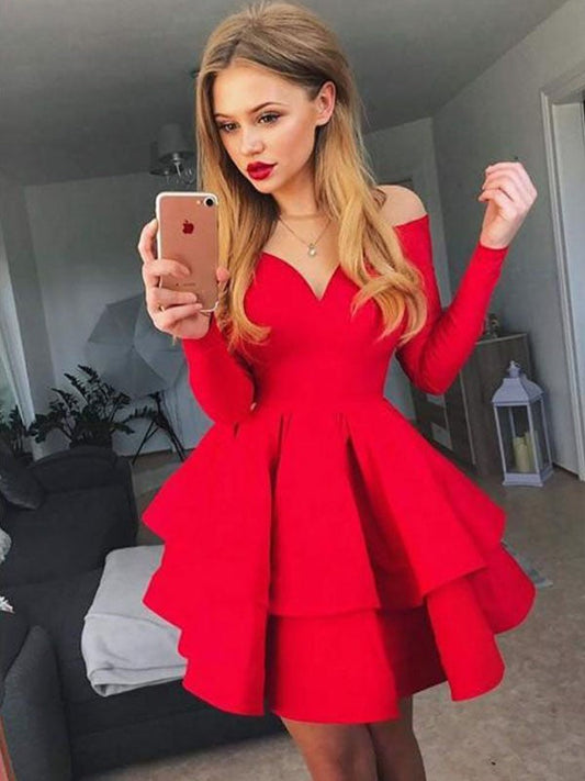 A-Line/Princess Stretch Crepe Off-the-Shoulder Ruffles Long Sleeves Short/Mini Marley Homecoming Dresses Dresses