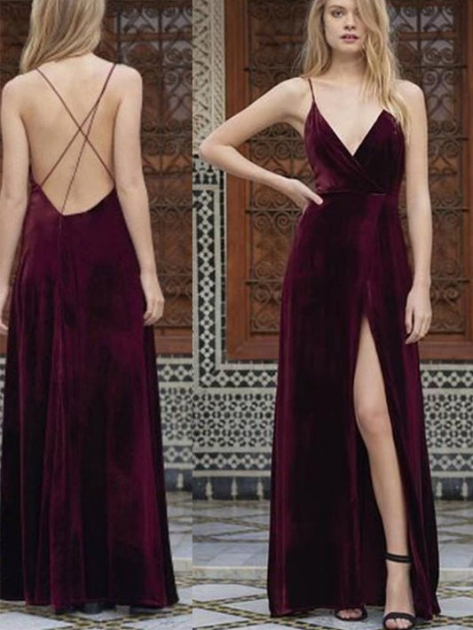 A-Line/Princess Spaghetti Sleeveless Floor-Length Straps Ruffles Velvet Dresses