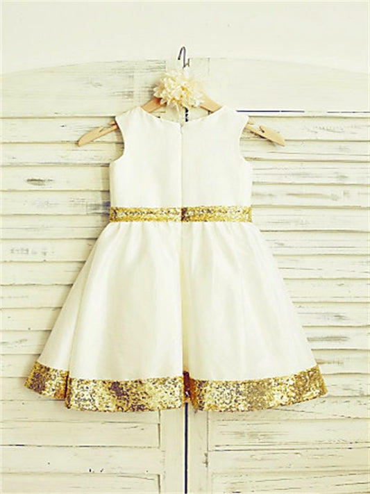 Sleeveless Satin Scoop Tea-Length Sequin A-line/Princess Flower Girl Dresses