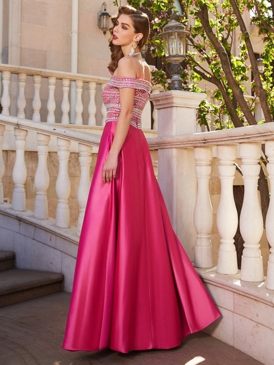 Off-the-Shoulder A-Line/Princess Beading Floor-Length Satin Sleeveless Two Piece Dresses