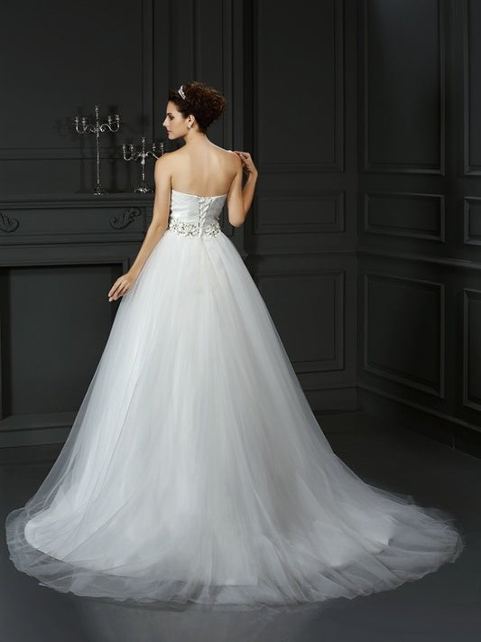 Ball Beading Long Sweetheart Sleeveless Gown Net Wedding Dresses