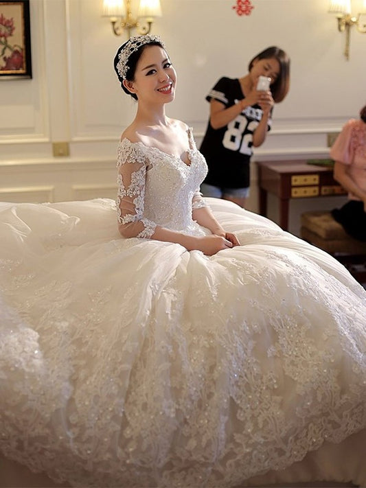 Beading Cathedral Sleeves Ball Off-the-Shoulder Gown Train 3/4 Applique Tulle Wedding Dresses