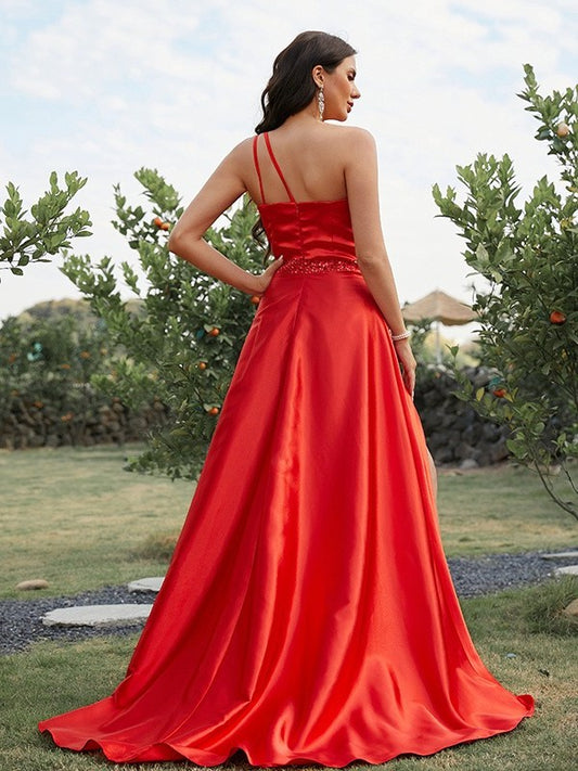 Ruffles One-Shoulder Elastic Woven Sleeveless Satin A-Line/Princess Sweep/Brush Train Dresses