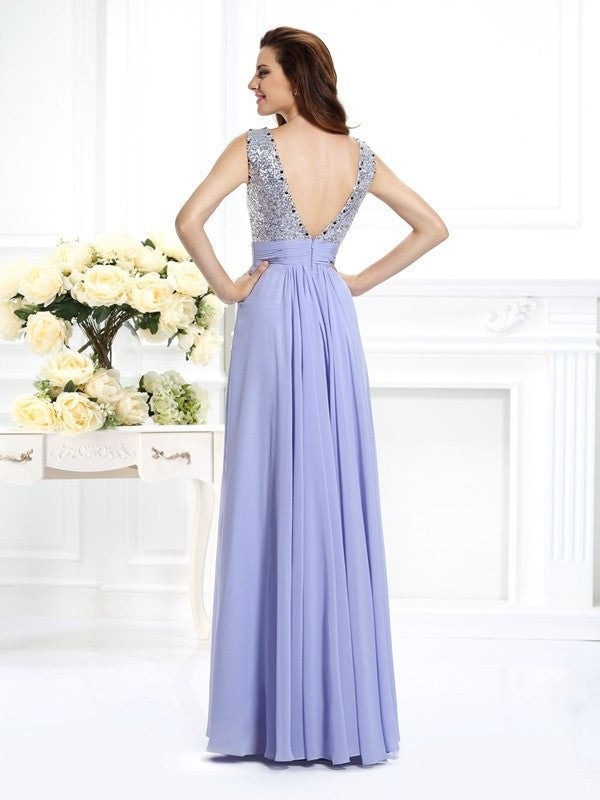 Sleeveless Lace Paillette A-Line/Princess Bateau Long Chiffon Dresses