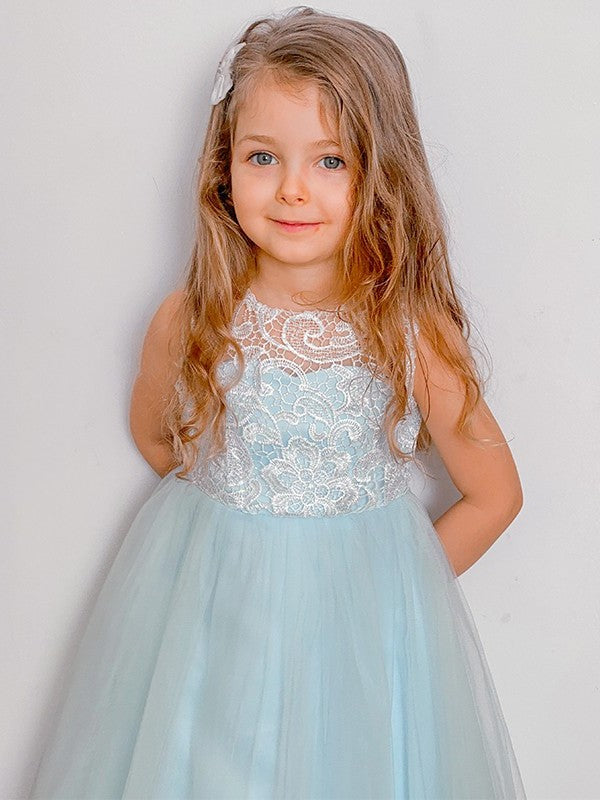 Tulle A-Line/Princess Ankle-Length Sleeveless Scoop Lace Flower Girl Dresses