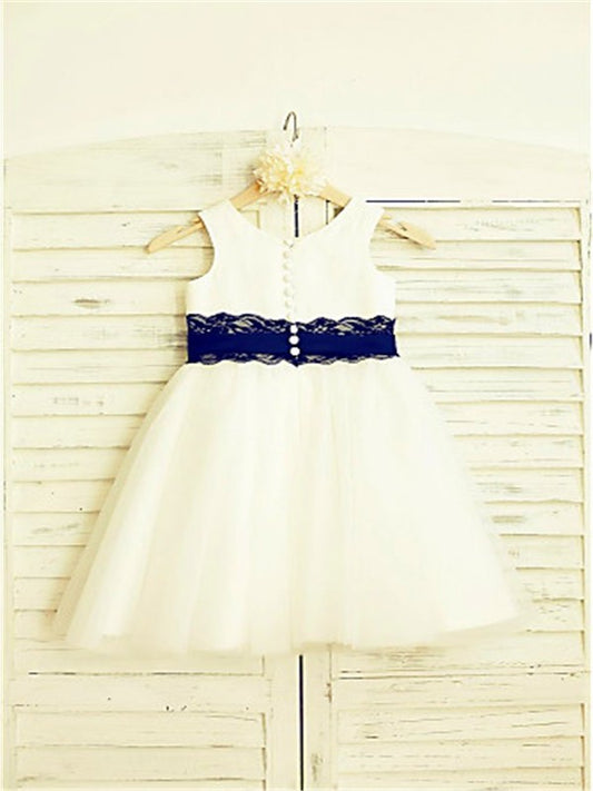 A-line/Princess Tea-Length Lace Sleeveless Scoop Tulle Flower Girl Dresses