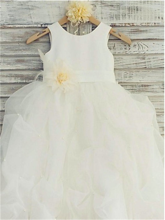 Flower Sleeveless Hand-made Scoop Organza Gown Ball Floor-Length Flower Girl Dresses