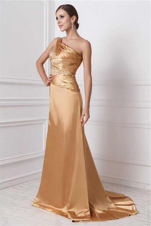 A-Line/Princess Long Sleeveless Beading One-Shoulder Elastic Woven Satin Dresses