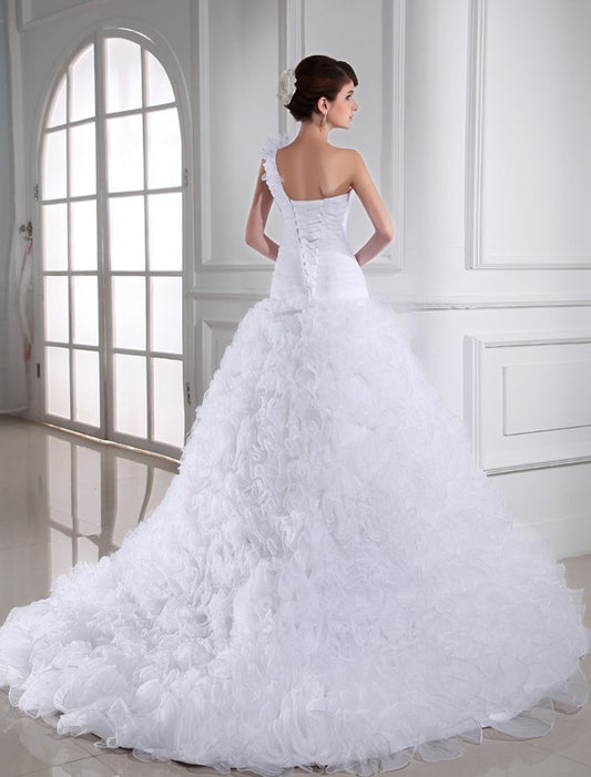 Sweetheart Beading Gown Sleeveless Ball Long One-shoulder Organza Wedding Dresses