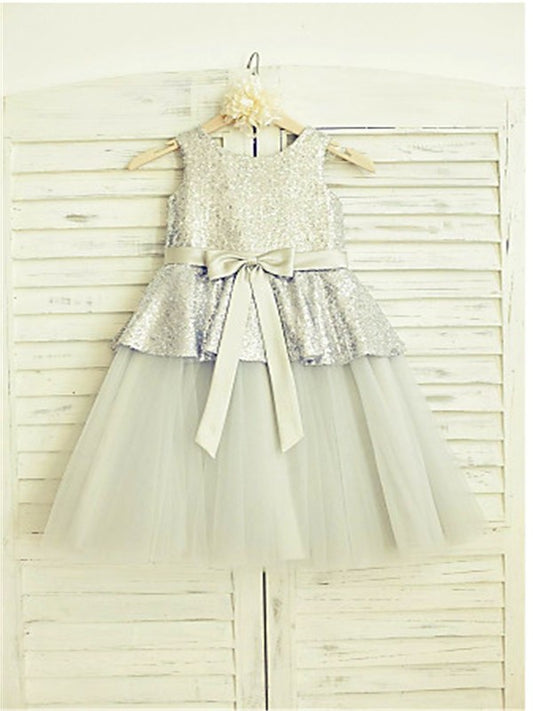 Sleeveless Tulle Sequin A-line/Princess Scoop Tea-Length Flower Girl Dresses