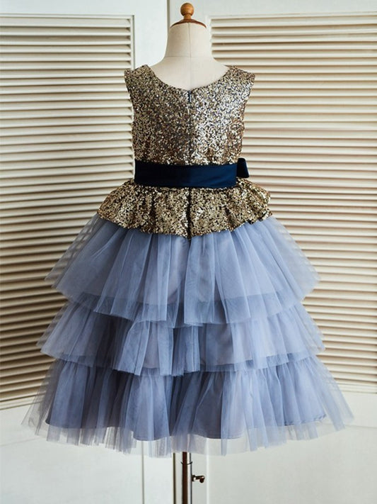 A-Line/Princess Tulle Tea-Length Scoop Sleeveless Sequin Flower Girl Dresses