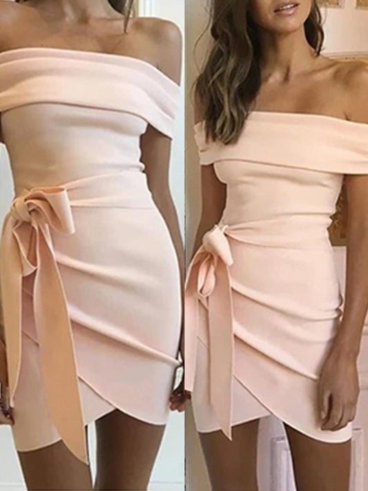 Sleeveless Off-the-Shoulder Crepe Sheath/Column Sash/Ribbon/Belt Stretch Short/Mini Homecoming Dresses