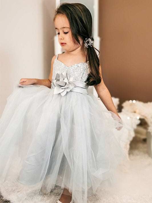 Tea-Length Sequin Straps Tulle A-Line/Princess Sleeveless Spaghetti Flower Girl Dresses