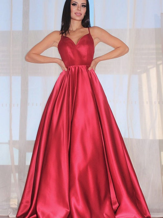 V-neck Sleeveless Ruffles A-Line/Princess Satin Floor-Length Dresses