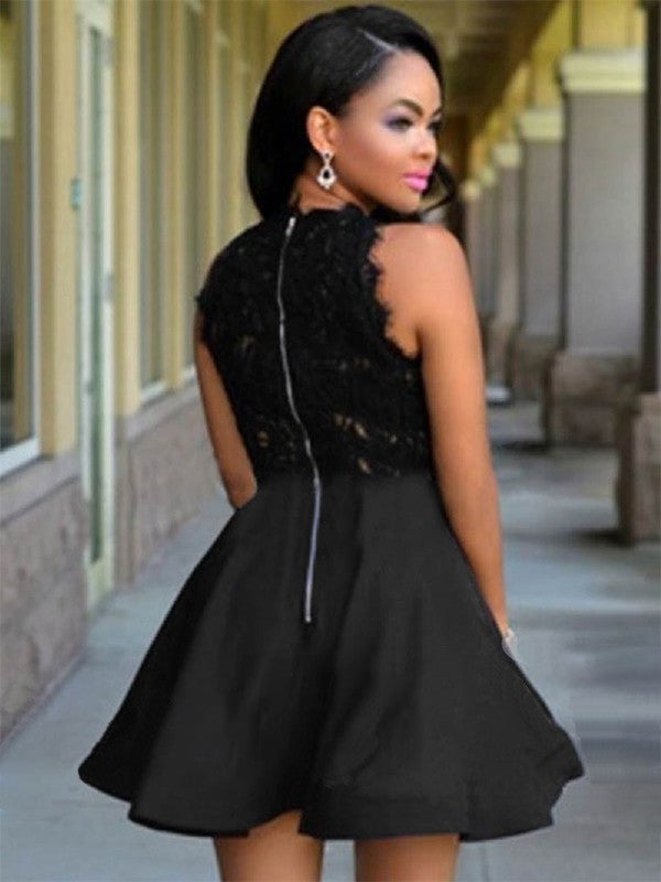 A-Line With Satin Cut Jewel Lace Short Black Homecoming Dresses