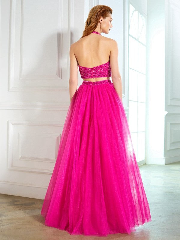 Net Floor-Length Sleeveless Halter Beading A-Line/Princess Two Piece Dresses