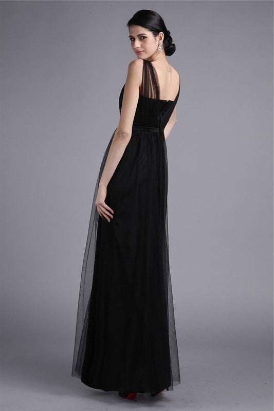 Sash Sleeveless Straps Sheath/Column Long Net Dresses