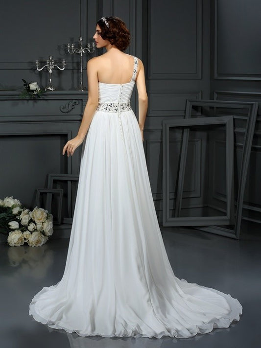 Sleeveless One-Shoulder A-Line/Princess Beading Long Chiffon Wedding Dresses