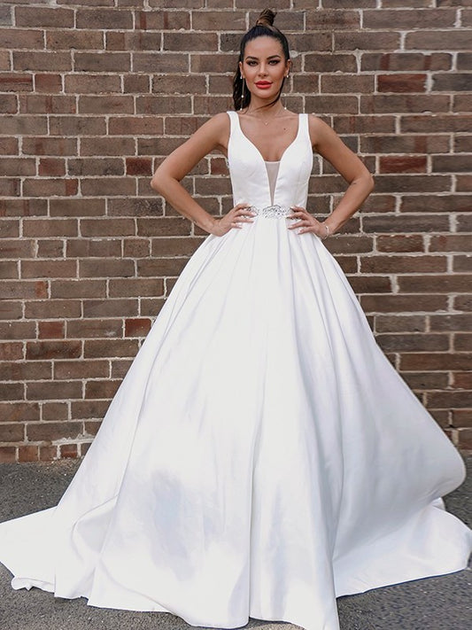 Sleeveless Court V-neck A-Line/Princess Satin Beading Train Wedding Dresses