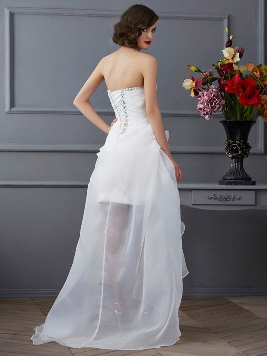 Sleeveless Low High Beading A-Line/Princess Sweetheart Organza Wedding Dresses