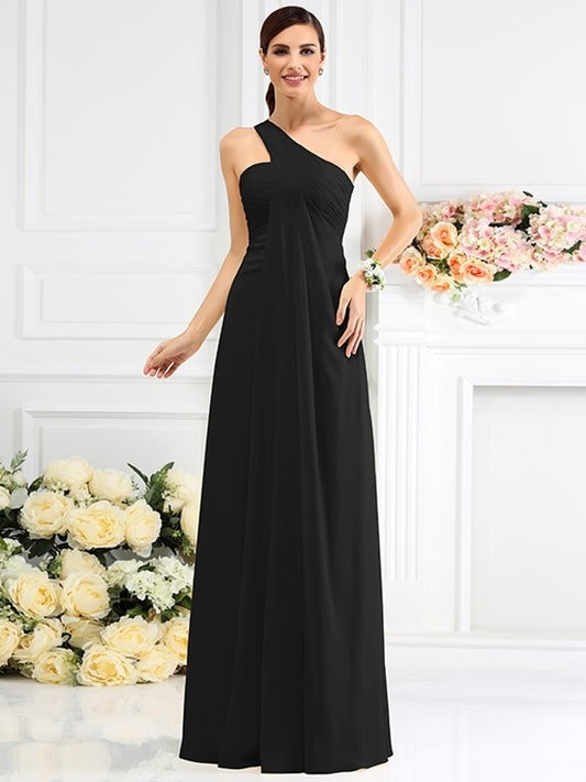 Pleats Sleeveless A-Line/Princess One-Shoulder Long Chiffon Bridesmaid Dresses