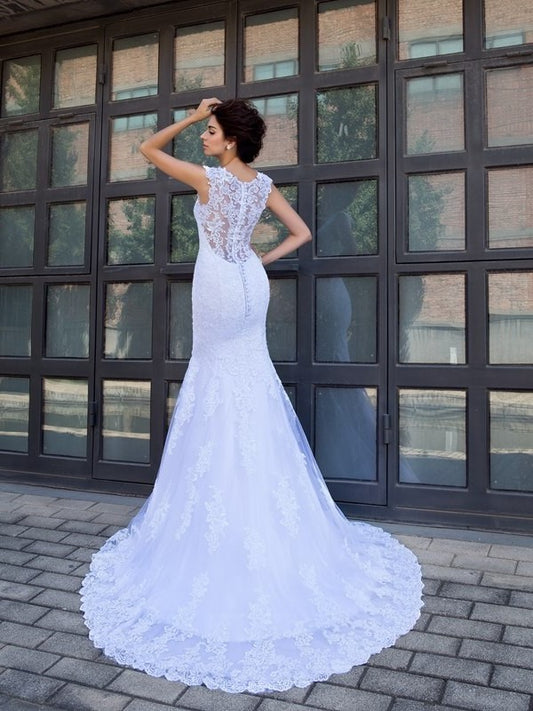 Trumpet/Mermaid Long V-neck Sleeveless Applique Satin Wedding Dresses