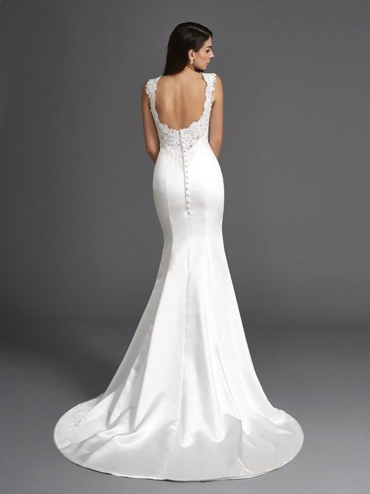 Long Straps Beading Trumpet/Mermaid Sleeveless Satin Wedding Dresses