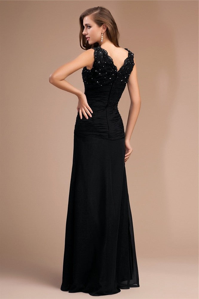 Sleeveless Beading Long Sheath/Column V-neck Lace Chiffon Dresses