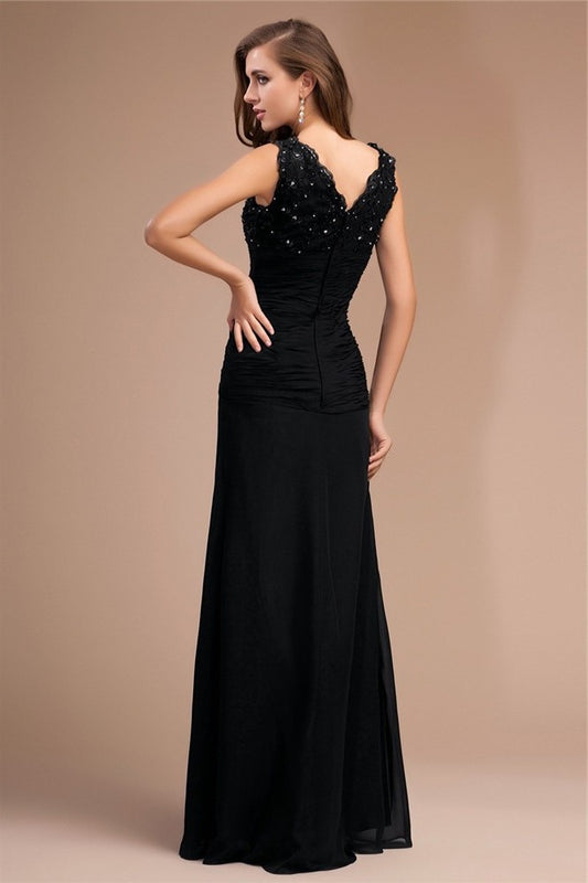 Sleeveless Beading Long Sheath/Column V-neck Lace Chiffon Dresses