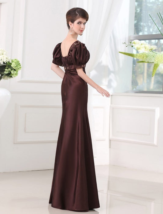 Sleeves V-neck 1/2 Sheath/Column Beading Long Satin Dresses